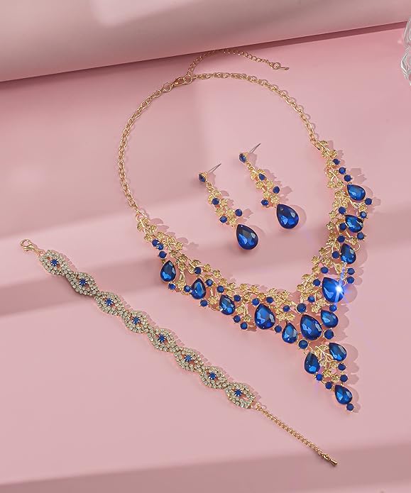 Wedding Bridal Bridesmaid Austrian Crystal Rhinestone Jewelry Sets Statement Choker Necklace Earrings Bracelets Sets for Wedding Party Prom