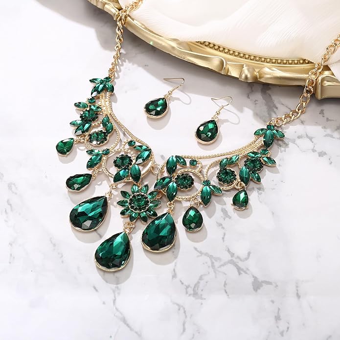 BriLove Women's Tribal Ethnic Crystal Chunky Statement Necklace Dangle Earrings Set