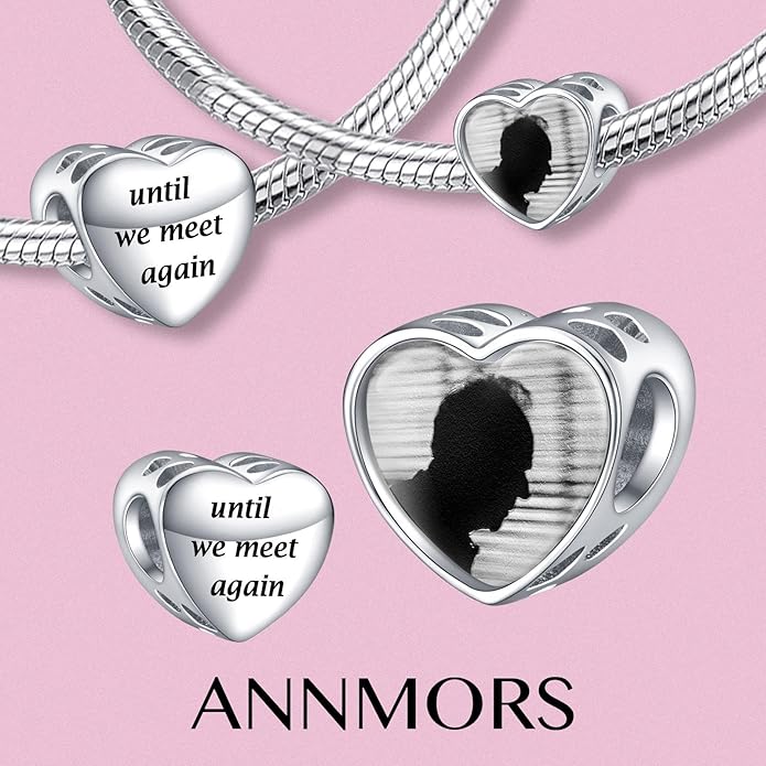 Annmors Personalized Photo Charms For Bracelets/Necklace 925 Sterling Silver Love Heart Shaped Engraved Customize Picture Gift for Birthday Mother's Day,Bead Charms Jewelry for Women