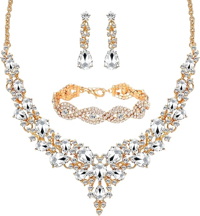 3/4 Pieces Women Jewelry Set Artificial Rhinestone Crystal Bride Statement Choker Necklace Tiara Crown Link Bangle Bracelet Teardrop Dangle Earrings Set