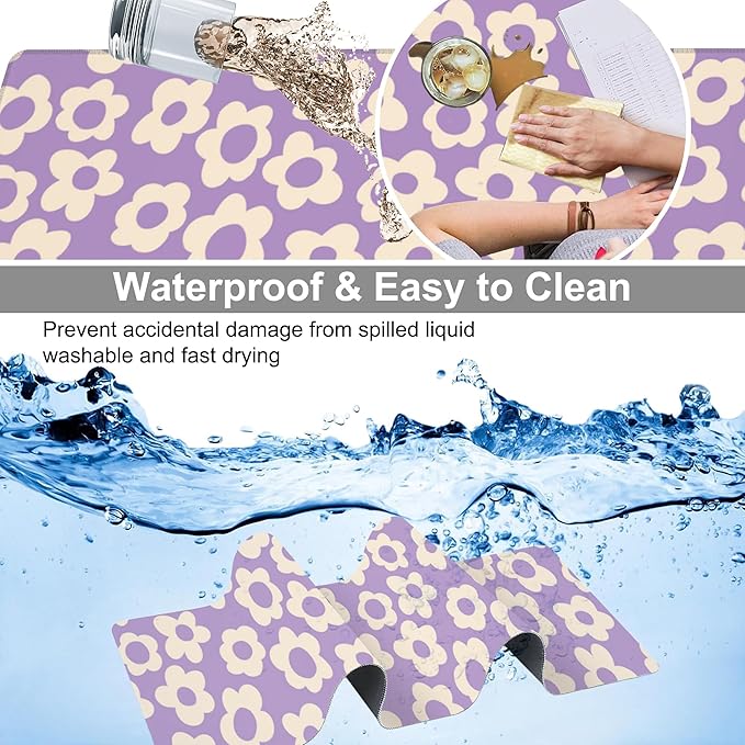 Purple Groovy Flowers Desk Mat,Large Vintage Floral Gaming Keyboard Mouse Pad,Non-Slip Rubber Base Desk Pad Thick Stitched Edges Waterproof Mousepad Mouse Mat 31.5"x11.8"