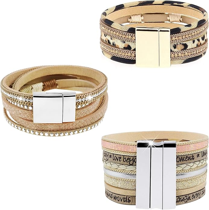 Wowanoo 3Pack Leather Cuff Bracelet Set Multilayer Wrap Bracelet Crystal Feather Tree Bracelet Magnetic Clasp Bracelet for Women