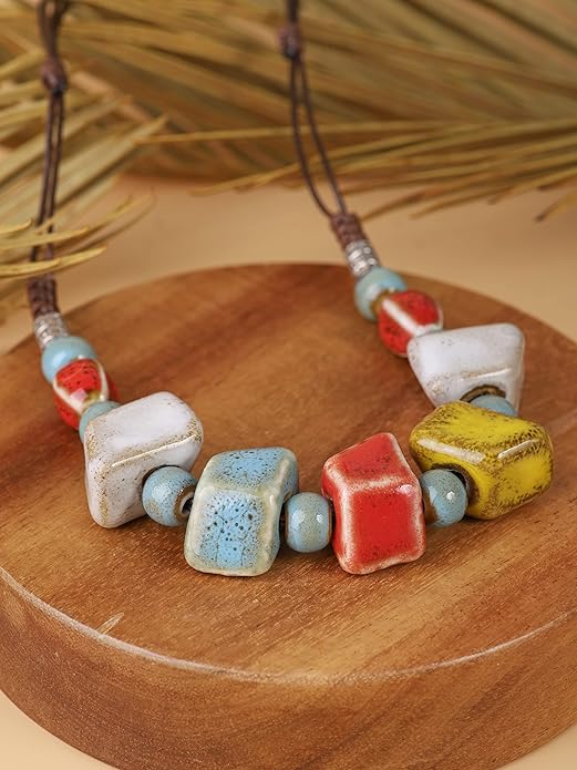 MINACHI Bohemian Hippie Colorful Ceramic Geometric Bead Strand Necklace, Vintage Boho Statement Jewelry Gift for Women