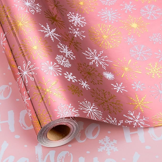 MAYPLUSS Pink Christmas Wrapping Paper Roll - 17IN X 33FT - Christmas Gift Wrapping Paper Featuring Gold and White Snowflake Reversible HO for Kids, Holiday, New Year