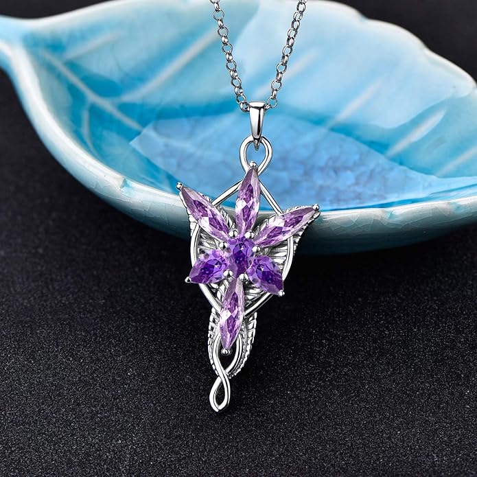 JO WISDOM Arwen Evenstar Necklace,925 Sterling Silver Lord of The Ring Hobbit Pendant Necklace with 5A Cubic Zirconia,Elvish Jewelry for Women