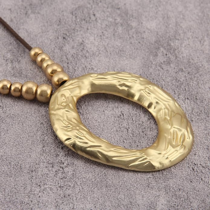 Boho Leather Necklace Women Bohemian Brown Circle Pendant Necklace Choker Long Necklaces for Women Boho Ring Large Pendant