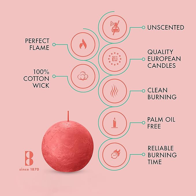 BOLSIUS 3 Pack Blossom Pink Rustic Ball Pillar Candles - 3 Inch - Premium European Quality - Includes Natural Plant-Based Wax - Unscented Dripless Smokeless 25 Hour Party Décor Candles