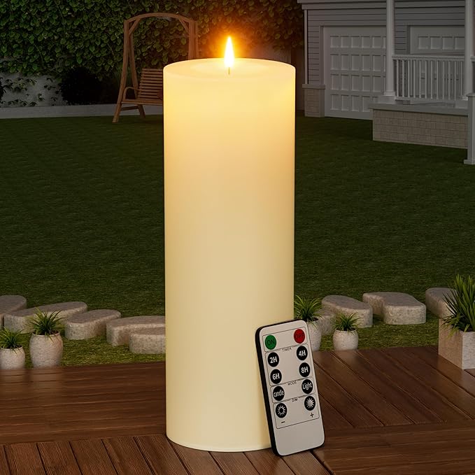 12" x 4" Large Outdoor Candle with Timer Waterproof Flickering LED Flameless Candle Battery Operated with Remote Fake Pillar Candle Realistic for Patio Porch Lantern, Ivory 1 Pack