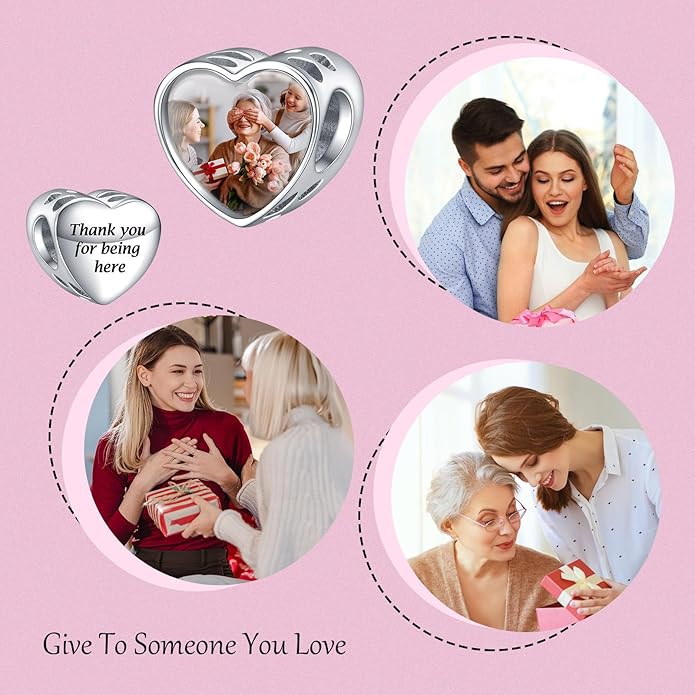 Annmors Personalized Photo Charms For Bracelets/Necklace 925 Sterling Silver Love Heart Shaped Engraved Customize Picture Gift for Birthday Mother's Day,Bead Charms Jewelry for Women