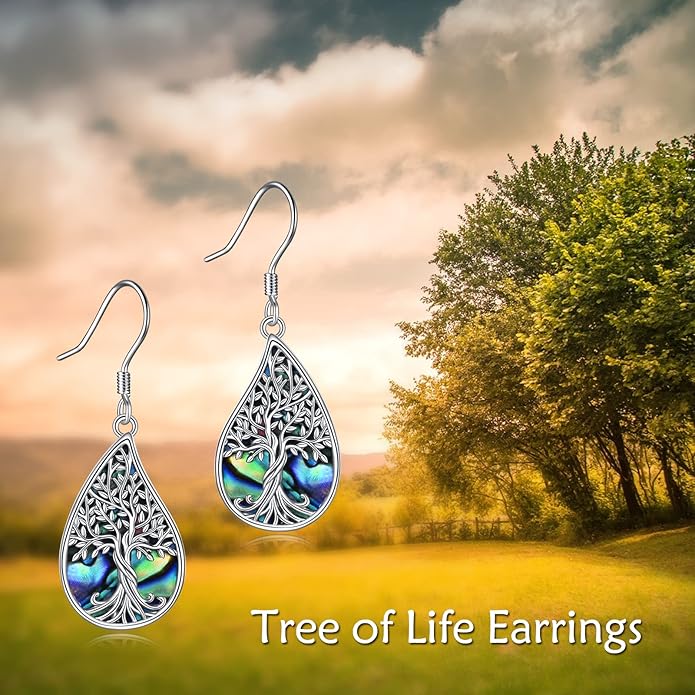 Tree of Life Earrings Sterling Silver Celtic Tree of Life Abalone Shell Dangle Drop Earrings for Women Jewelry