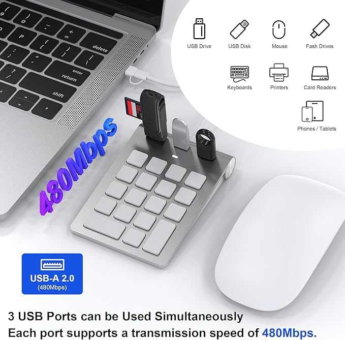 Wired USB C/A Number Pad - Numeric Keypad & Hub with 3 USB2.0 Ports - Portable Slim 18 Key Number Keypad Keyboard for Laptop PC Pad Surface MacBook, Wired Numeric Keypad with Type C & USB Cable 1.6Ft