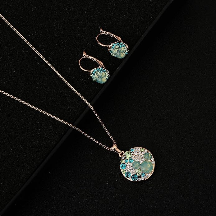 EVEVIC Austrian Crystals Round Disc Pendant Necklace Earrings for Women 14K Gold Plated Hypoallergenic Jewelry Sets