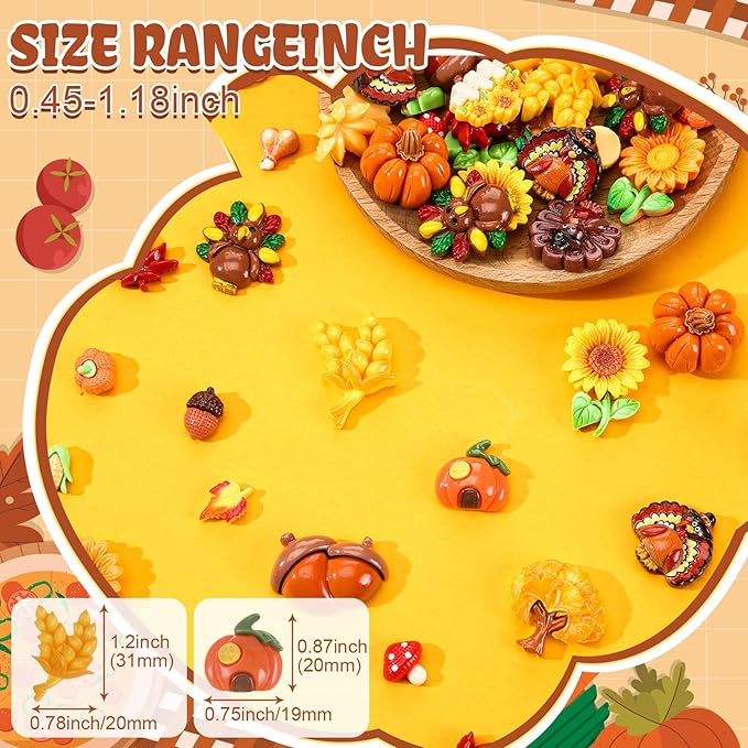 Giegxin 40 Pcs Thanksgiving Resin Charm Fall Autumn Pumpkin Turkey Squirrel Maple Leaf Acorn Wheat Flatback Cabochon Accessories Cute Embellishment Bulk for Jewelry Cellphone Case Scrapbooking DIY