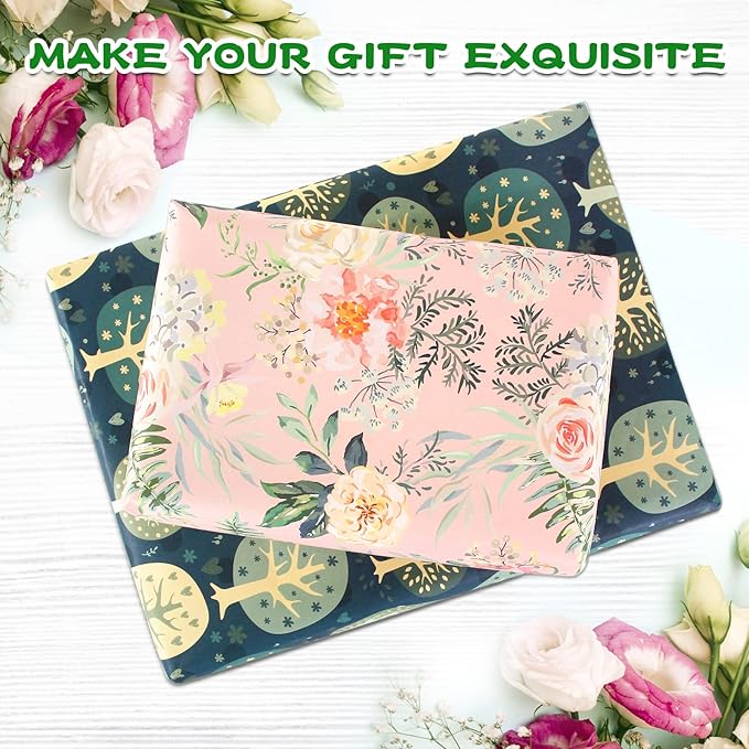 Wrapping Paper with Pastel Purple Pink Green Floral Making,Gift Wrapping Paper Set for Women Girl Baby,Birthday Wrap Birthday Paper with Tags Ribbon,Baby Shower wrap