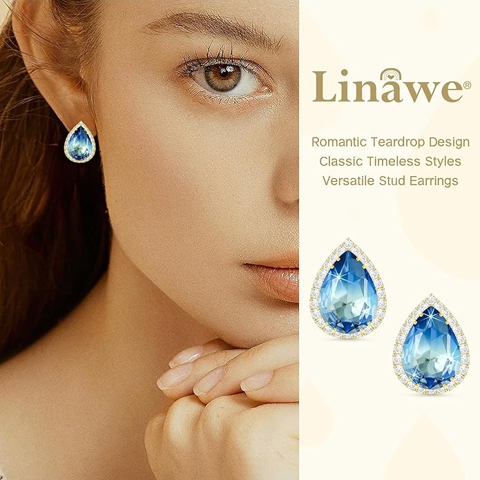 Linawe Women Stud Earrings, Teardrop Diamond Moissanite Cubic Zirconia Earrings Studs Rhinestone Jewelry Gold/Silver/Rose Gold