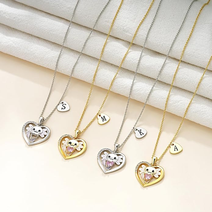 C-leen Axolotl Valentines Day Gifts for Her, 14K Gold Plated Axolotl Initial Necklace Cute Heart Initial Pendant Necklaces Birthday Valentines Day Gifts for Kids Girls Women