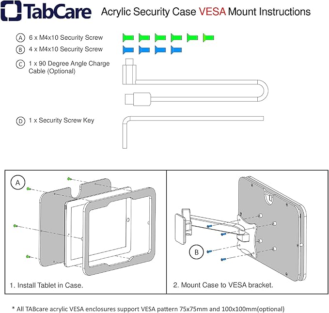 TABcare Anti-Theft Acrylic VESA Enclosure for Apple iPad Pro 11" 1st, 2nd, 3rd, 4th gen. with Free Wall Mount Kit & 90-Degree Angle USB C Cable (iPad Pro 11 1/2/3/4, Black)