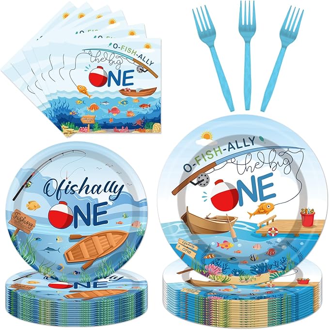 Ofishally One Birthday Party Decorations- 96PCS O Fishally One Plates and Napkins Party Supplies Fishing First Birthday Decorations 1st Fish Themed Disposable Paper Tableware Set Serves 24 Guests