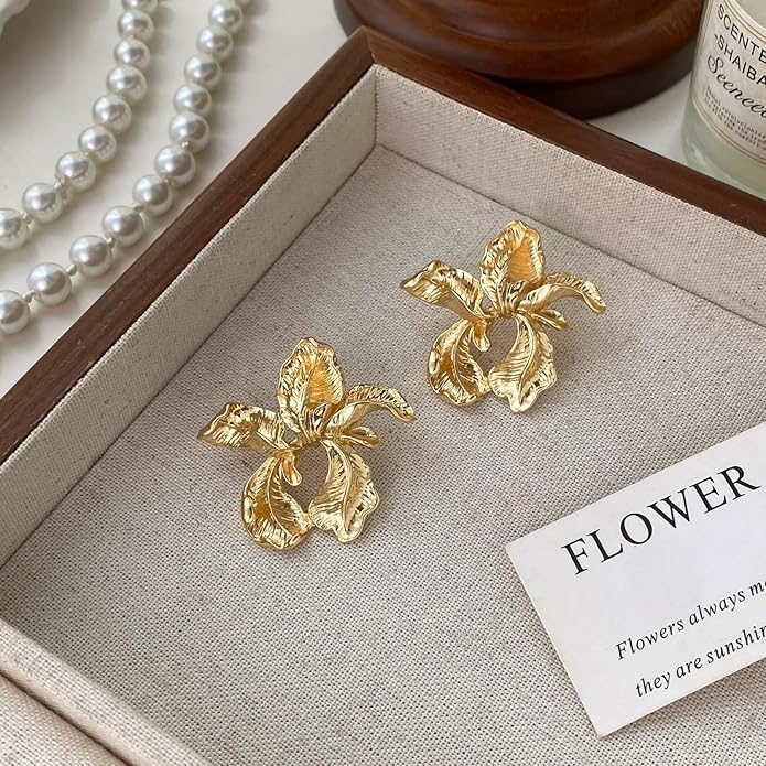 Gold Flower Statement Earrings for Women, Large Chunky Bohomian Summer Beach Floral Earring, Irregular Bold Exaggerated Earrings