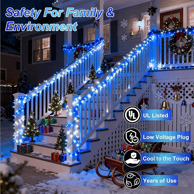 750 LED 256ft Outdoor Christmas Lights, Super Long String Light 8 Modes Timer Memory, Outsite Waterproof Dark Green Wire Fairy Light String for Xmas Tree Wedding Holiday Party Decorations Blue & White