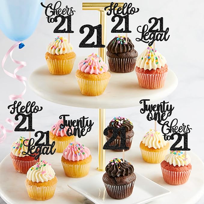 30PCS Happy 21st Birthday Cupcake Toppers Glitter Twenty One Legal 21 Hello 21 Cupcake Picks Cheers to 21 Birthday Decorations for 21st Birthday Anniversary Party Cake Decoration Supplies Black