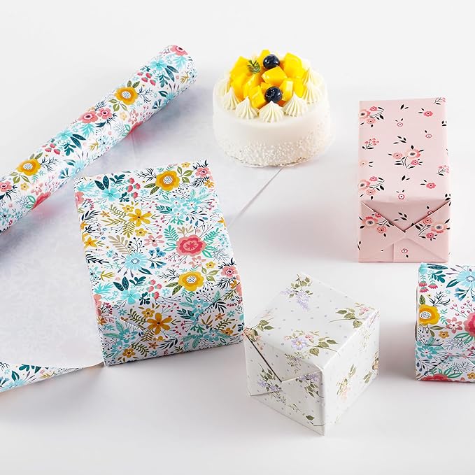 Miss DuiDui Floral Gift Wrapping Paper, 3 Mini Rolls, 17 inch x 9.8 feet, Colorful Flowers Design for Baby Shower Girls Boys Mothers, Holiday, Party, Wedding