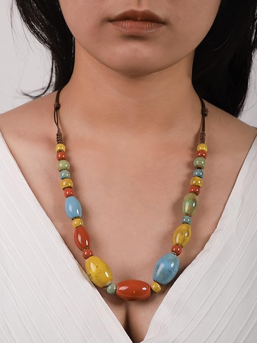 MINACHI Boho Hippie Round Ceramic Beads Strand Necklace, Vintage Bohemian Summer Beach Jewelry Gift for Women