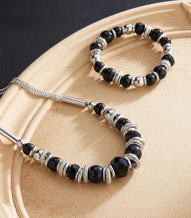 PEARL&CLUB Silver Beaded Statement Necklaces for Women Chunky Bead Necklace Bracelet and Earring Costume Jewelry Sets Gifts for Mom