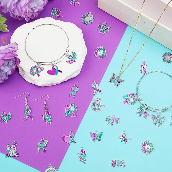 MARFOREVER 40 Pcs/20 Pairs Suicide Awareness Charms, Suicide Prevention Charms Teal Purple Ribbon Pendant for Bracelet Necklace Earrings Making Accessories