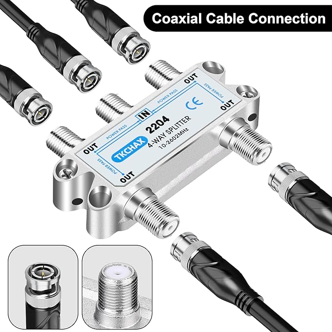 4 Way Coaxial Cable Splitter,Support 10-2602MHz, RG6 Compatible, Nickel-Plated for Cable Splitter,Work with CATV, Satellite TV,Antenna System and MoCA Configurations