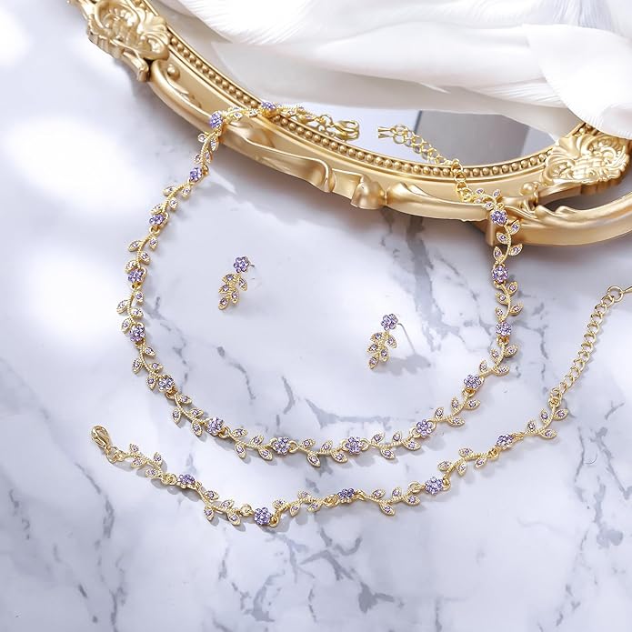 BriLove Wedding Jewelry Set for Women Bride, Gorgeous Stunning Crystal Flower Leaf Cluster Choker Necklace Link Bracelet Stud Earrings Bridal Bridesmaid
