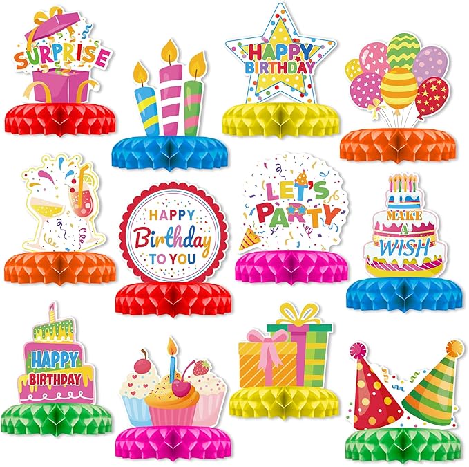 12 Pcs Birthday Table Decorations Colorful Birthday Centerpieces for Tables Happy Birthday Decorations Honeycomb Centerpieces Decor for Kids Happy Birthday Party Supplies