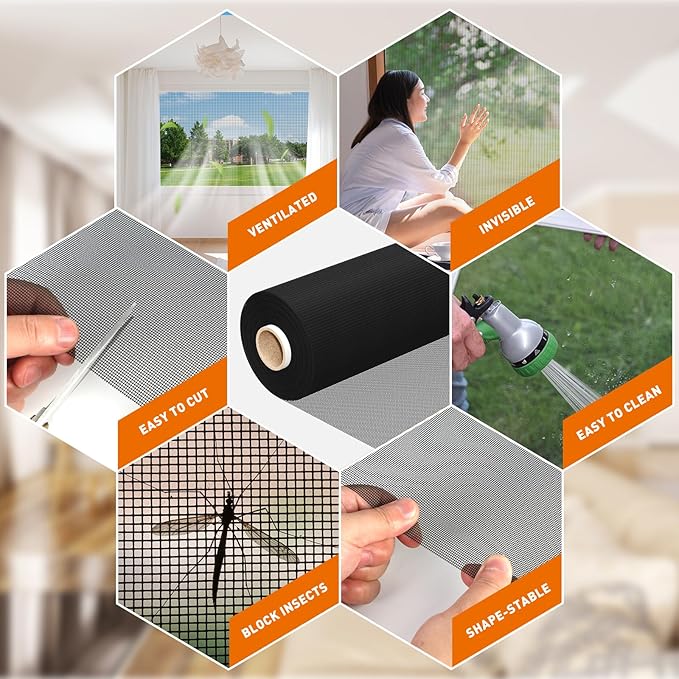 MAGZO Window Screen Replacement Mesh Roll, 37.4in × 16.4ft Invisible Upgraded 107g/m² Heavy Duty Fiberglass Screen Mesh for Sliding Doors Repair Kit, Well Ventilated Ideal for, Patio & DIY Projects