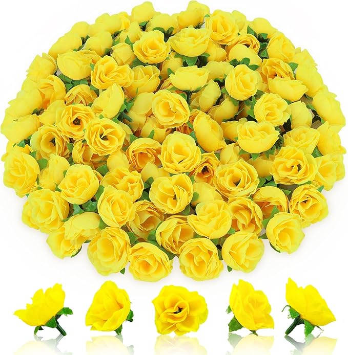 100pcs Yellow Roses Artificial Flowers,Artificial Yellow Roses Bulk,Yellow Silk Rose for Decations,Fake Yellow Rose for Wall DIY Party Decoration (1.3 Inch)
