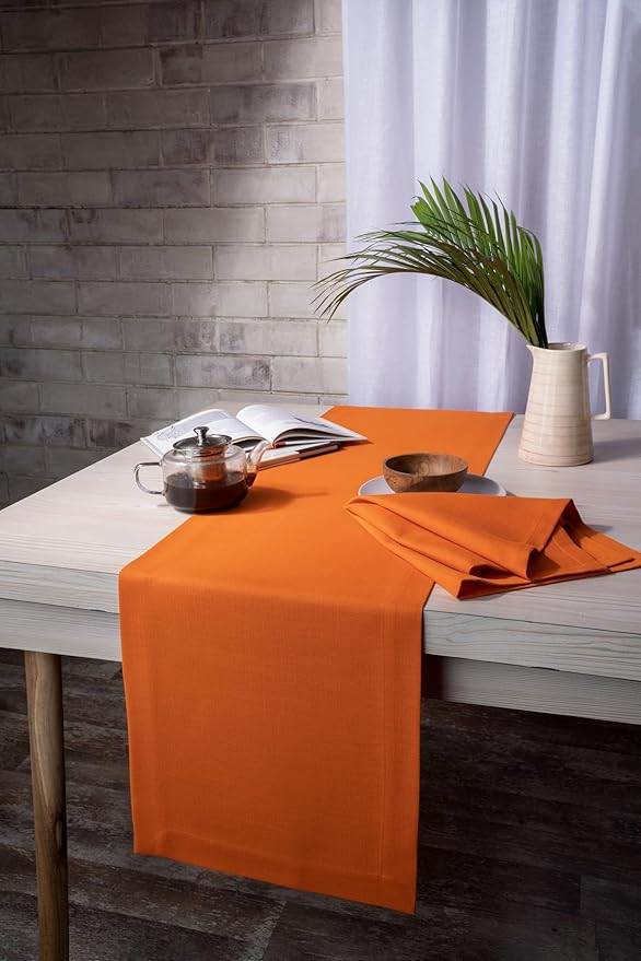 D'Moksha Homes Orange Table Runner 14 x 90 Inch - Faux Linen Dining Table Runner 90 Inches Long - Wrinkle Resistant, Machine Washable for Fall, Thanksgiving, Holiday - 100% Recycled Fabric