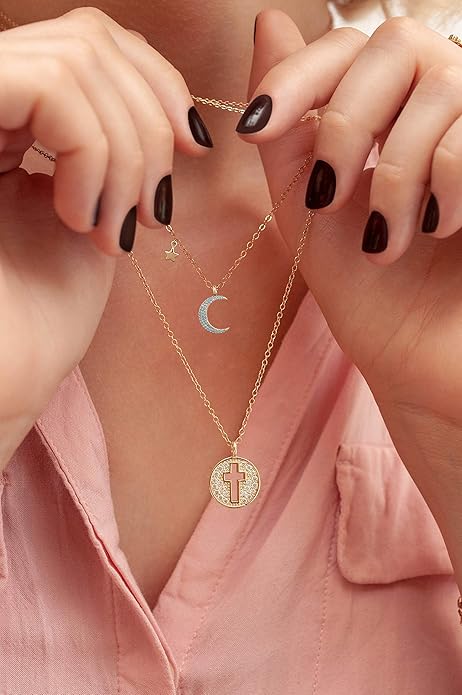 Aobei Pearl 18K Gold Plated Moon Star Lion Evil Eye Love Heart Cross Pendant Necklace Medallion Paperclip Chian Choker Layering Jewery for Women