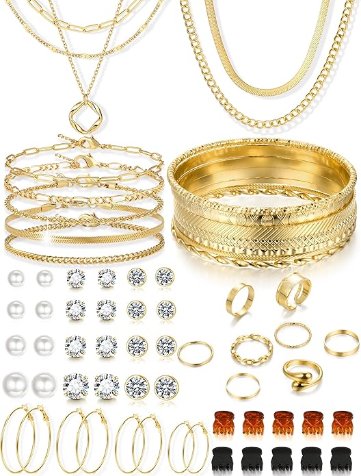 Valentines Gifts -56 Pcs Gold Jewelry Set for Women with 5Pcs Layered Necklace, 5Pcs Layered Necklace, 12 Bracelets, 4 Hoop Earrings, 8 Stackable Rings, 10 hairpins, 12 Studs Earrings Jewerly set for Women