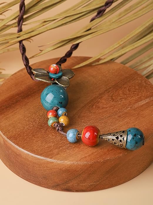 MINACHI Vintage Bohemian Colorful Ceramic Bead Antique Flower Y Necklace, Vintage Boho Hippie Statement Jewelry Gift for Women