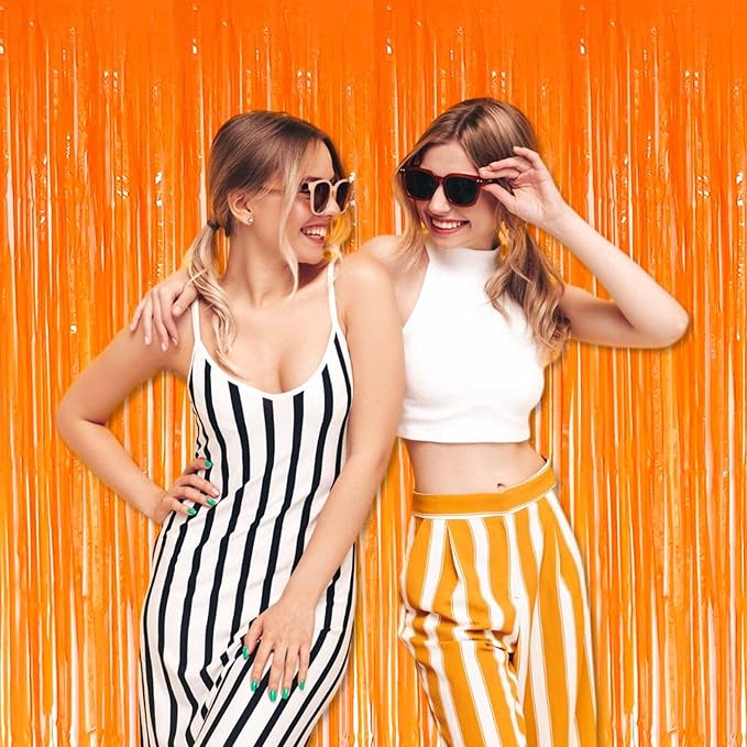 3 Pack Macaron Orange Foil Fringe Curtains Backdrop, 3.28 x 8.2 Ft Metallic Streamers Tinsel Curtains Background for Photo Booth, Birthday, Halloween, Christmas, New Year Party Decorations