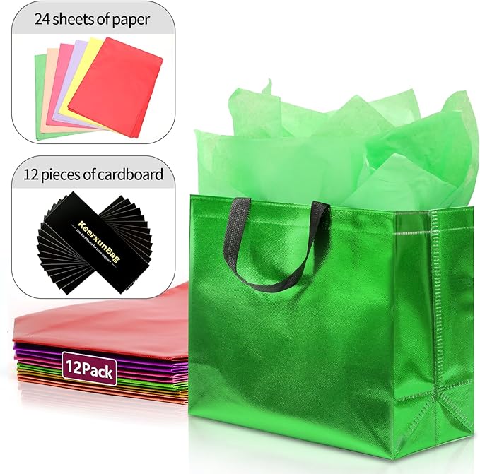KeerxunBag 12Pcs Reusable Gift Bags（Includes Tissue Paper） Gift bag with handle Birthdays Parties Holidays Weddings Medium 13x5x11in colorful Gift Bags