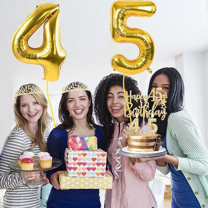 45th Birthday Decorations for Women Gold with 45th Birthday Sash and Tiara, Cake Topper and Candles, Gold Number Balloons, 45 Year Old Gifts for Women