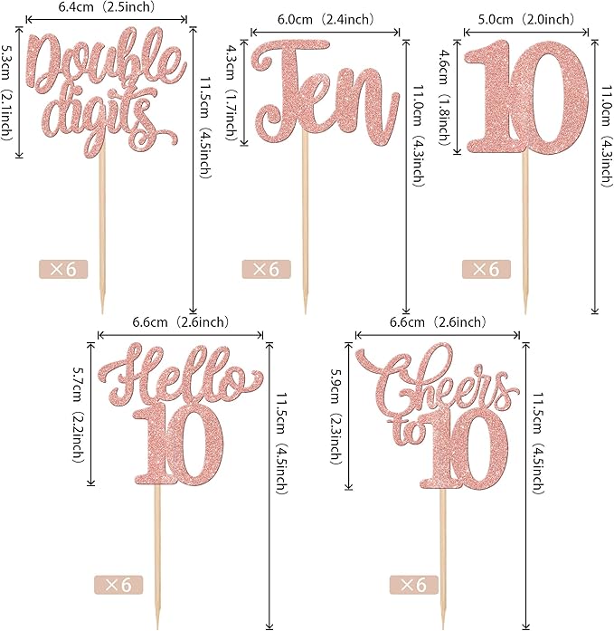 30PCS Happy 10th Birthday Cupcake Toppers Glitter Ten Double Digits Hello 10 Cupcake Picks Cheers to 10 Birthday Decorations for 10th Birthday Anniversary Party Cake Decorations Supplier Rose Gold
