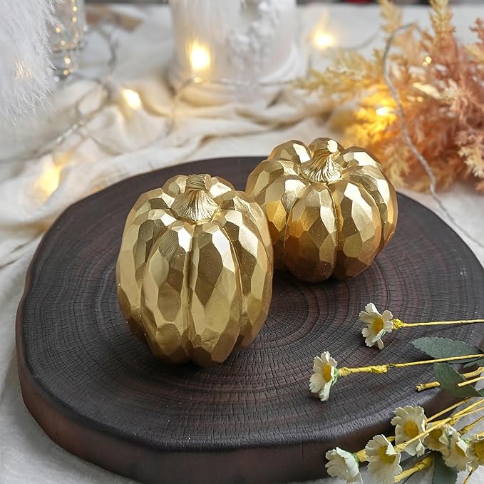 Pumpkin Decor Fall Decoration, Gold Pumpkins for Decorating, 2Pcs Resin Artificial Pumpkin Figurine Mantel Decor, Thanksgiving Autumn Harvest,Wedding