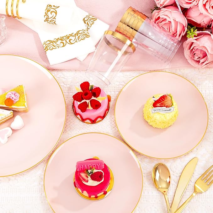 YOUBET 175PCS Pink Plastic Plates - Pink and Gold Disposable Plates Include 50 Plastic Plate, 75 Silverware, 25 Cups, 25 Napkins for Wedding & Party & Birthday