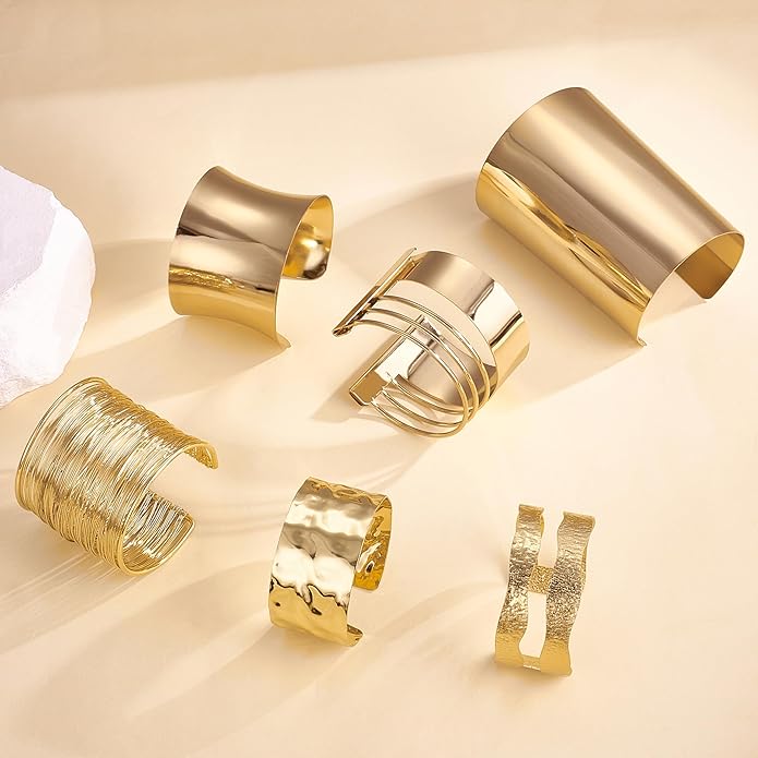 6 Pcs Chunky Golden Cuff Bracelets for Women Open Adjustable Arm Bracelet Golden Wrist Cuff Wrap Bracelet