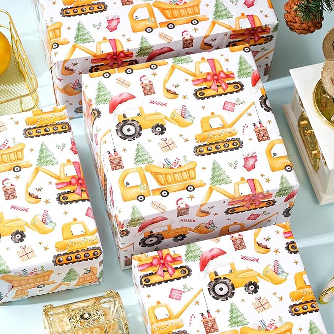 PlandRichW Construction Christmas Wrapping Paper - Cute santa with Hat Trucks, Cranes, Excavators & Xmas Trees - 40×28 Inch Xmas Gift Wrap, 4 Folded Sheets for Kids & Adults