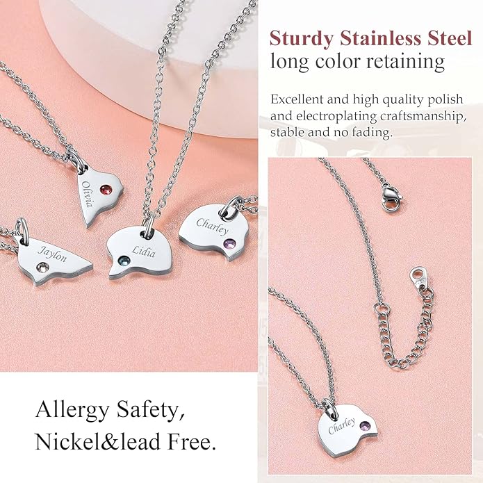 FindChic Personalized Matching BFF Necklace for 2/3/4/5/6 Puzzle Name Heart Pendant Stainless Steel Couple Necklace Set Customized Necklaces for Teen Girls