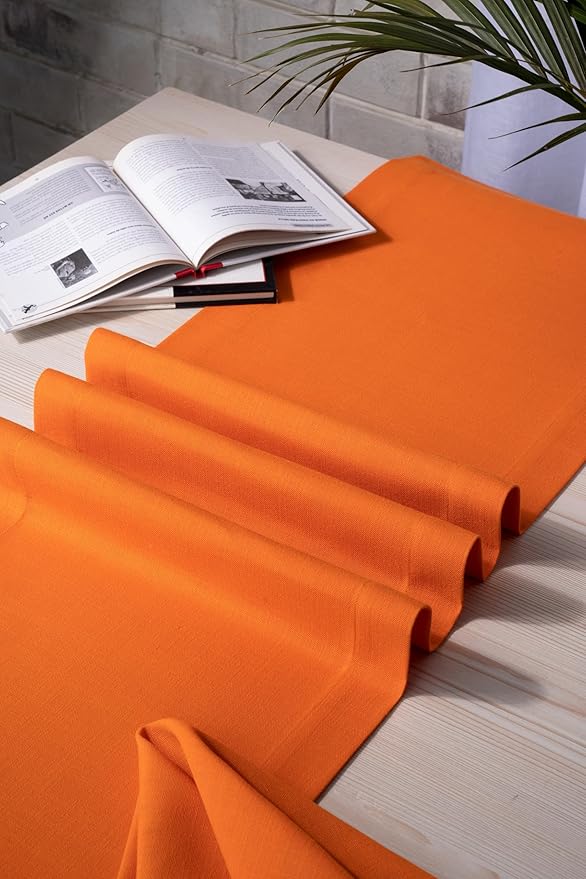 D'Moksha Homes Orange Table Runner 14 x 90 Inch - Faux Linen Dining Table Runner 90 Inches Long - Wrinkle Resistant, Machine Washable for Fall, Thanksgiving, Holiday - 100% Recycled Fabric