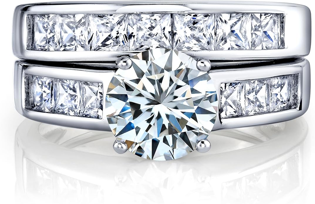 2 Carats Sterling Silver Bridal Set Cubic Zirconia Engagement Wedding Ring Bands with Round and Princess Cut