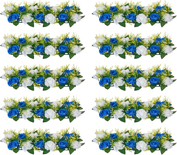 VEVOR Flower Ball Arrangement Bouquet 10 PCS, 19.6 x 8.6 Inch Artificial Flower Balls Wedding Table Centerpieces, Faux Rose Arrangements for Wedding Centerpiece Home Decoration, Blue and White Roses